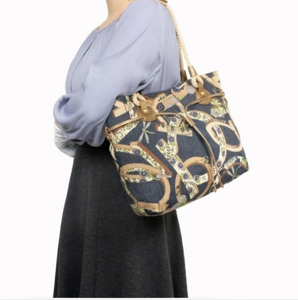 Vintage Salvatore Ferragamo Floral BOHO Printed Gancini 30 Denim Shoulder Bag